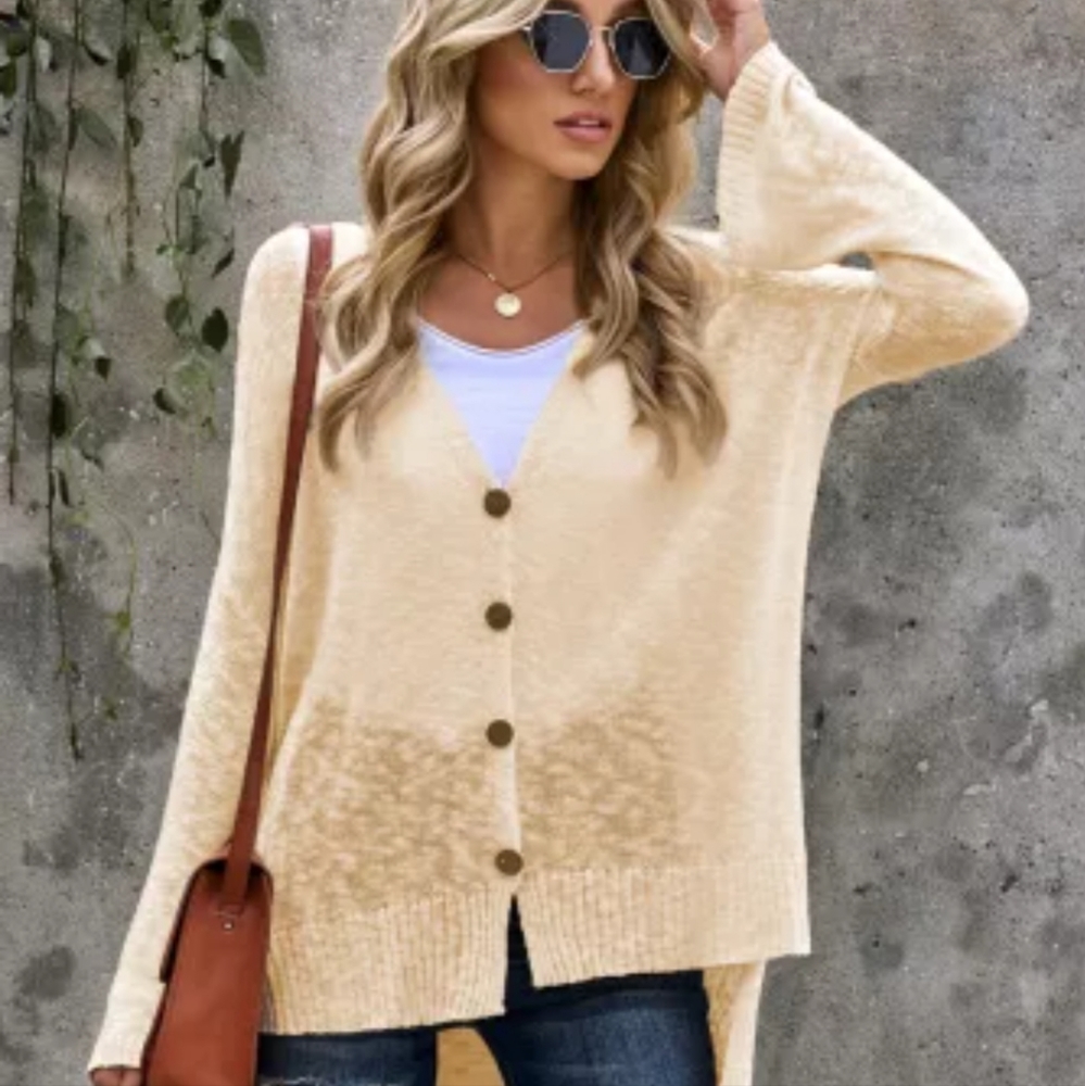 πNew Apricot Loose Lightweight V Neck Buttoned Sheer Knit Cardigan - Picture 13 of 17
